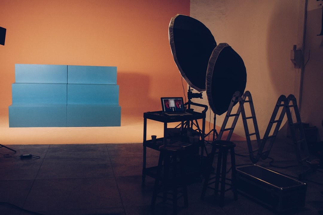 Modern broadcast studio office reception with soft lighting